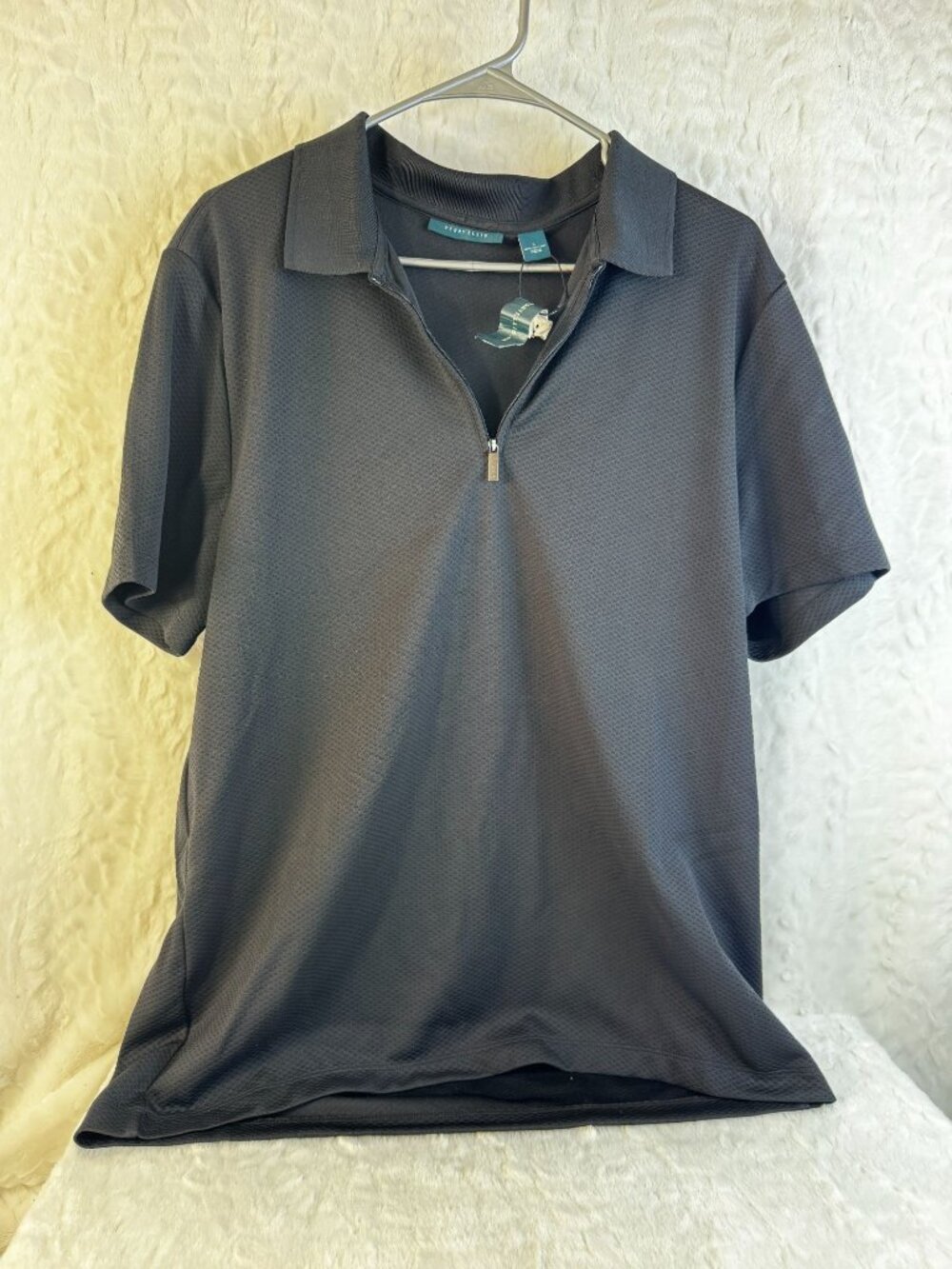 Perry Ellis Mens Black Polo Shirt L 1/4 Zip Short Sleeve Textured 100% Polyester
